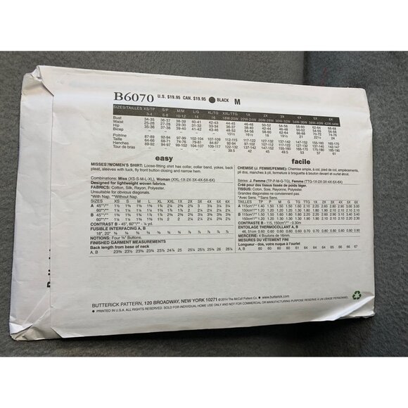 Butterick Misses Top Shirt Sewing Pattern Sz XX1-6X B6070 - Uncut - Picture 3 of 4